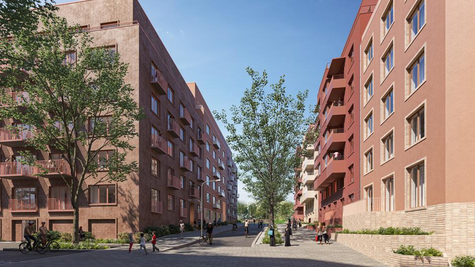 Vy mot gata mellan flerbostadshus, människor i rörelse, illustration.