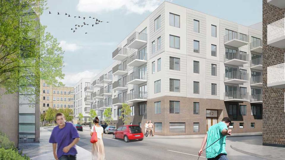 Moderna flervåningshus vid gata. Människor som går i olika riktningar, illustration.