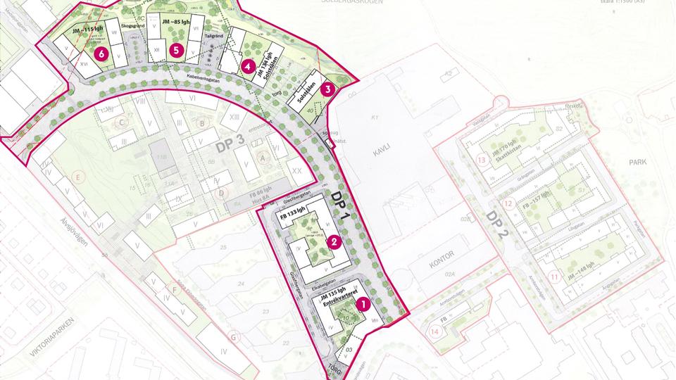 Situationsplan över Kabelverket. Detaljplaneområdet för detaljplan 1 markerat med rosa.