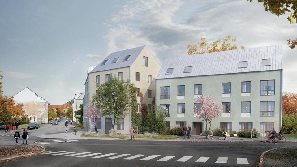 En t-korsning med två flerbostadshus inritade i mitten av bilden. Längre bort, till vänster i bilden, skymtar fler inritade bostadshus. Träd, bebyggelse och människor i rörelse. Illustration