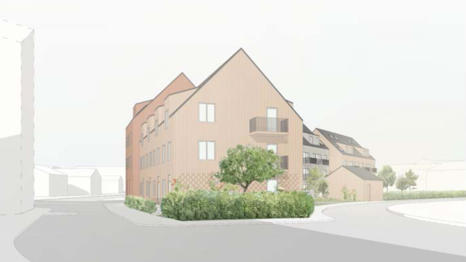 Illustration av föreslagen ny trevånings bostadshus. 