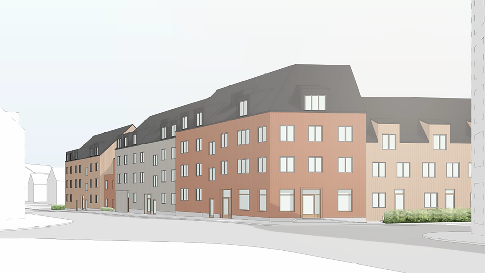 Illustration av de ihopsatta  två till tre våningar höga bostadhusen. 