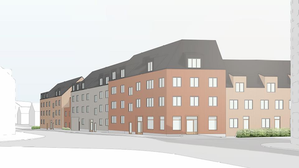 Illustration av de ihopsatta  två till tre våningar höga bostadhusen. 