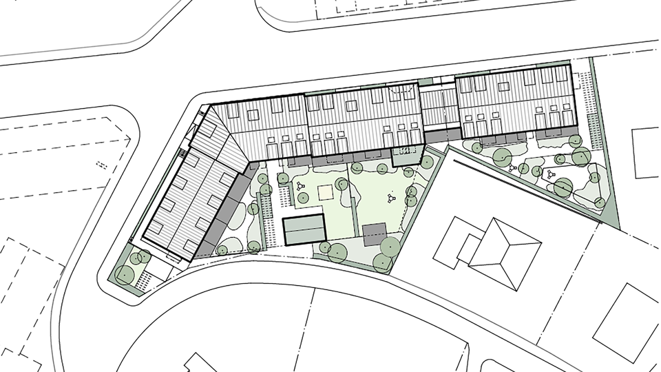 Linje illustration av planområdet med vart hus illustrerat från ovan. 