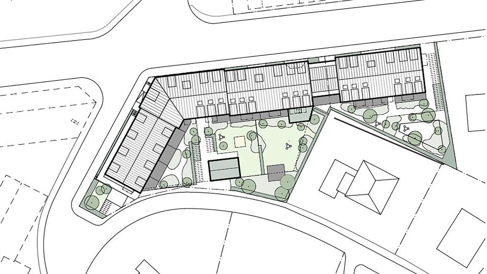 Linje illustration av planområdet med vart hus illustrerat från ovan. 