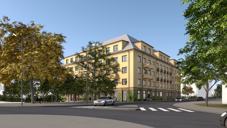Ett flerbostadshus i ljusa färger med fem våningar, vid en gatukorsning.  Träd och biltrafik. Illustration