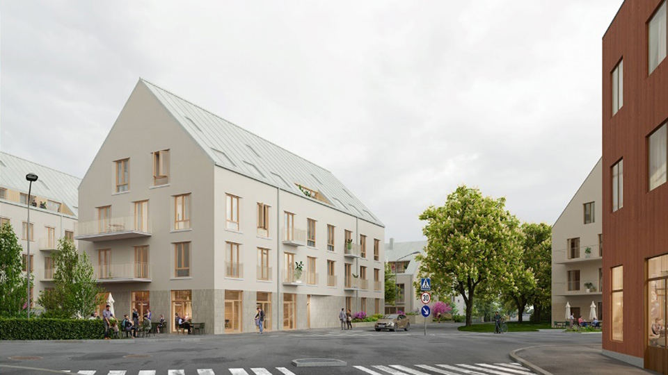 Gatukorsning ett flerbostadshus i förgrunden. Huset har en ljus färg och fyra våningar. Träd, häckar, gatuliv och andra hus i omgivningen. Illustration