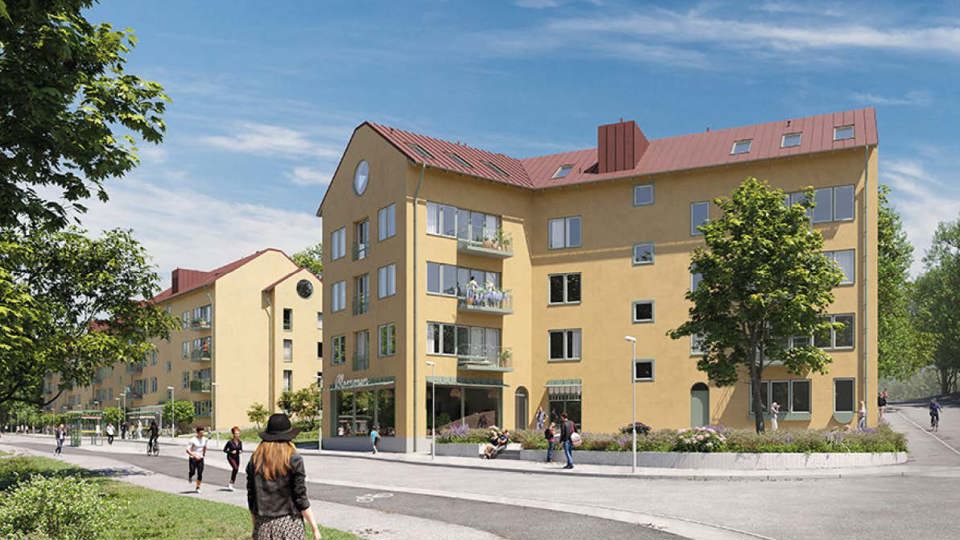 Perspektivbild  ny bebyggelse. Gult hus med verksamhet i bottenplan.