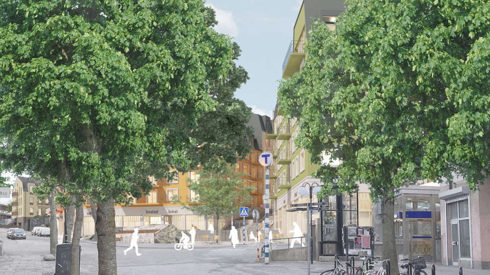 Bild över torgyta framför tunnelbanenedgång. Förslaget syns i mitten mellan två uppvuxna lövträd. Illustration, visionsbild.