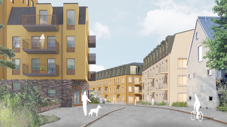 Angöringsgatan. Stadskvarteren till höger i bild och flerbostadshuset inom Norra delen till vänster i bild. Befintlig stadsvilla Sothönan 14 i förgrunden till höger. Illustration