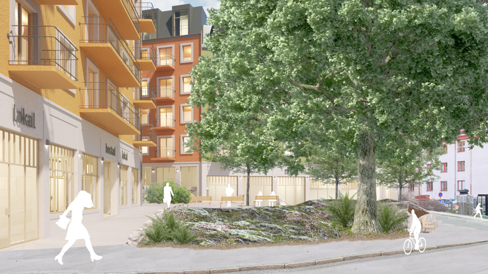 I framkant syns bilgata. Bakom det syns torgyta med natursten och ett träd framför föreslagna nya byggnader med balkonger mot torgytan. Lokaler i bottenvåningarna på de föreslagna husen.  Illustration