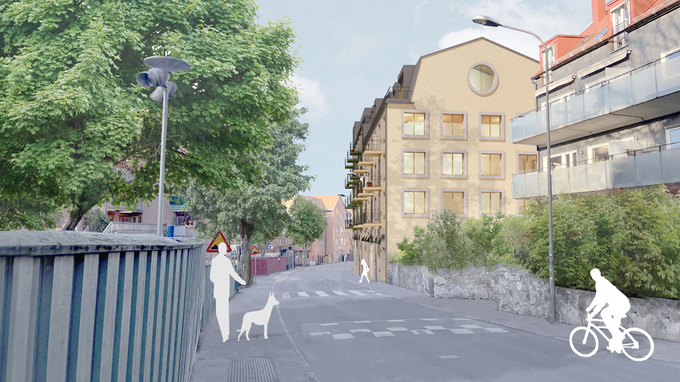 Schlytersvägen sträcker sig i mitten av bilden mot Erik Segersälls väg. Del av kvarter 2 syns till höger , framför det, till höger, syns befintlig bebyggelse. Illustration