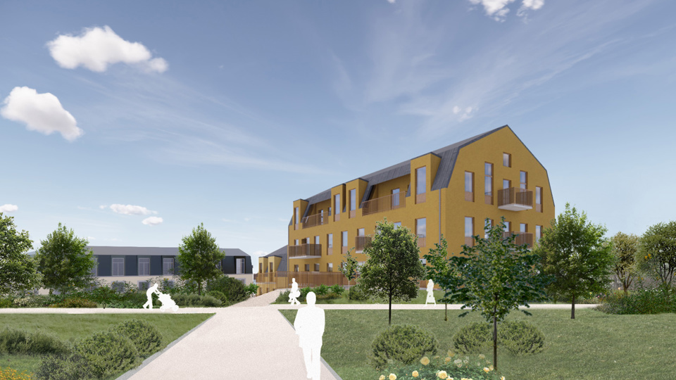 Föreslagen byggnad i mitten av bilden. Framför huset syns två gångvägar som bildar ett x i de gröna ytorna. Illustration