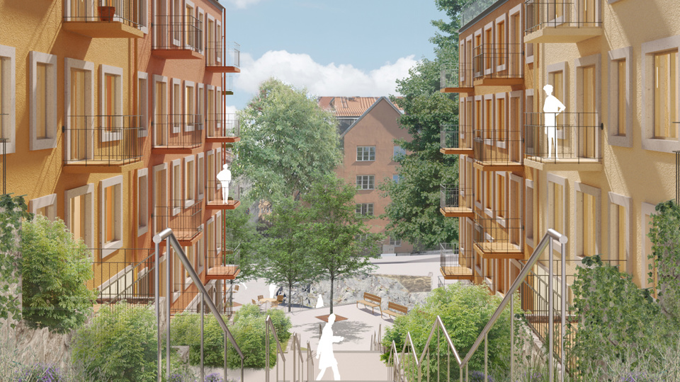 I mitten syns trappan som tar gående ner mot torget. På båda sidor syns föreslagna byggnader med balkoner mot trappan. Byggnaderna är i gul och orange ton. Illustration, visionsbild. 