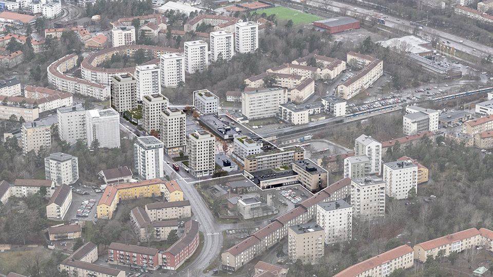 Flygfoto över Fruängens centrum med planförslaget monterat in i bilden. Omgivningen är nedtonad i bilden.