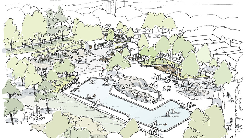 Översikt över park med plaskdamm och ytor för lek och aktivitet, illustration.