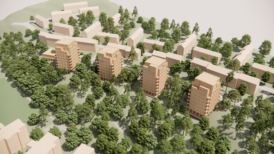 Flygvy över projektet från nordväst. Bilden är en 3D-visualisering. Centralt i bilden står fyra punkthus, delvis grundlagda på pelare. Området framför husen är ett grönområde med många träd, även mellan byggnaderna står flera träd. Bakom om den nya bebyggelsen syns befintlig bebyggelse med lamellhus längs Fregattvägen.   