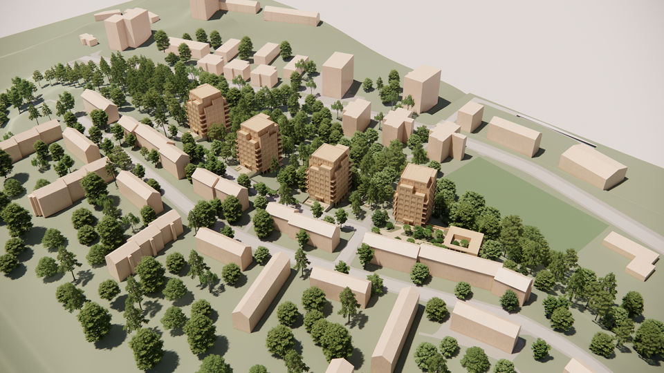 Flygvy över projektet från sydost. Bilden är en 3D-visualisering. Centralt i bilden står de föreslagna nya husen, fyra punkthus. Framför de föreslagna husen visas befintlig bebyggelse med lamellhus längs Fregattvägen. Bakom föreslagen bebyggelse visas ett grönområde med flera träd samt befintligt bebyggelse längs Gröndalsvägen. Även mellan byggnaderna står flera träd.