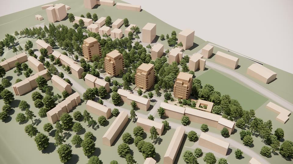 Flygvy över projektet från sydost. Bilden är en 3D-visualisering. Centralt i bilden står de föreslagna nya husen, fyra punkthus. Framför de föreslagna husen visas befintlig bebyggelse med lamellhus längs Fregattvägen. Bakom föreslagen bebyggelse visas ett grönområde med flera träd samt befintligt bebyggelse längs Gröndalsvägen. Även mellan byggnaderna står flera träd.