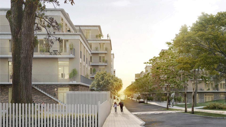 Vy över flerbostadshus i ljusa färger vid gata. Vitt staket, träd som kantar gatan och människor i rörelse. Illustration