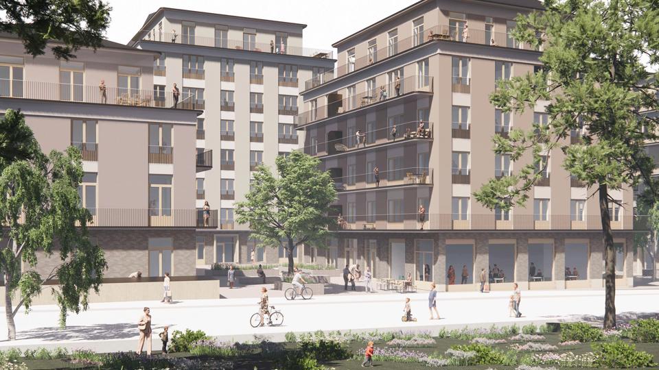 Flerbostadshus vid en gångväg. Husen har balkonger mot gågatan och mot en liten innergår. Människor i rörelse på gångbanan och på balkongerna. Illustration