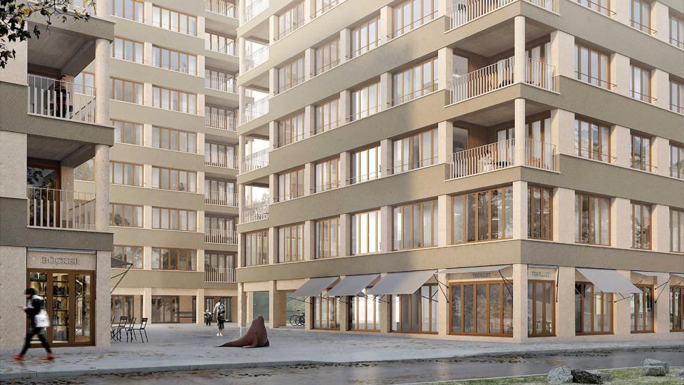Närbild på flerbostadshusens fasader med stora fönsterpartier och balkonger. Liten innergård mellan husen. På innergården står en staty i form av ett sjölejon. Illustration