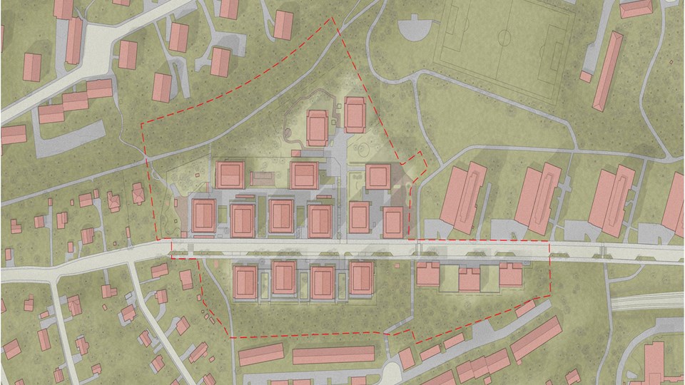 Kartbild som visar området med bostadshusen markerat med en röd streckad linje. Illustration