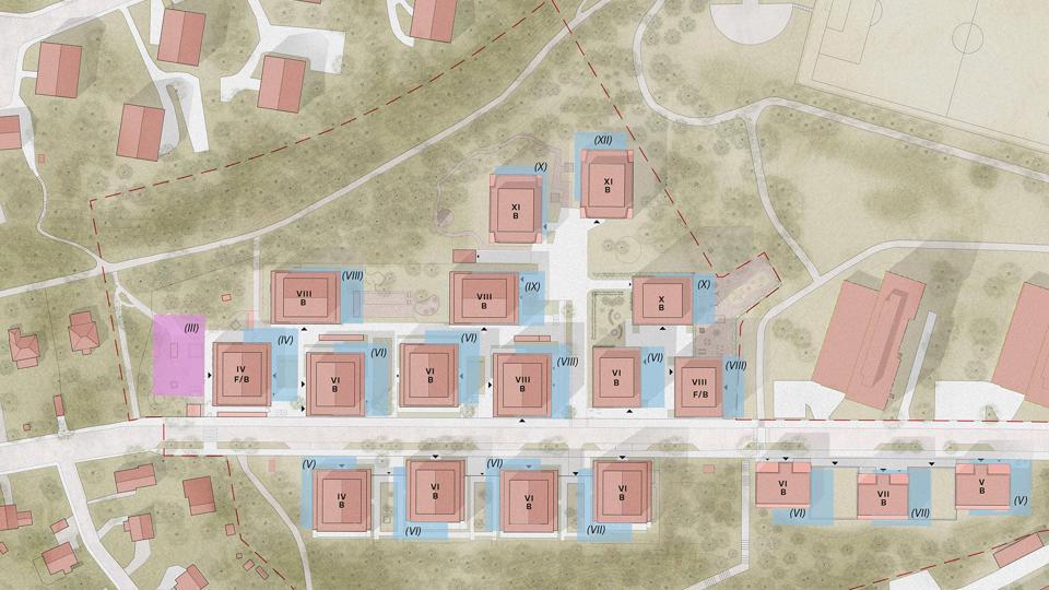 Situationsplan som visar föreslagen bebyggelse tillsammans med fotavtrycket från samrådet. Samrådets fotavtryck är de blågrå ytorna samt den rosa ytan (den friliggande förskolan är ej längre kvar i planförslaget). Siffrorna inom parantes var våningsantalet i samrådet.