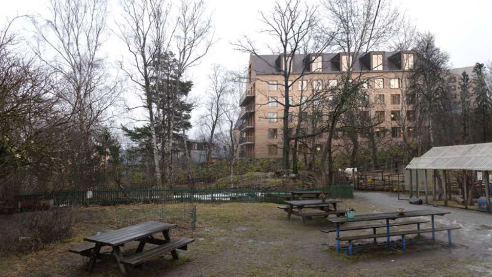 Bänkbord, 4H-verksamhet, staket framför flerbostadshus, fotomntage.