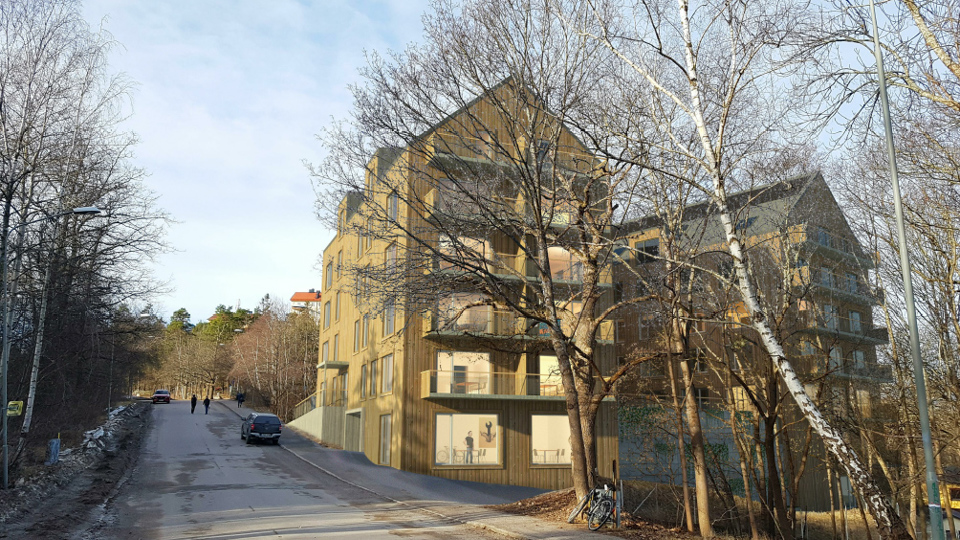 Gata, flerbostadshus, träd, fotomontage.