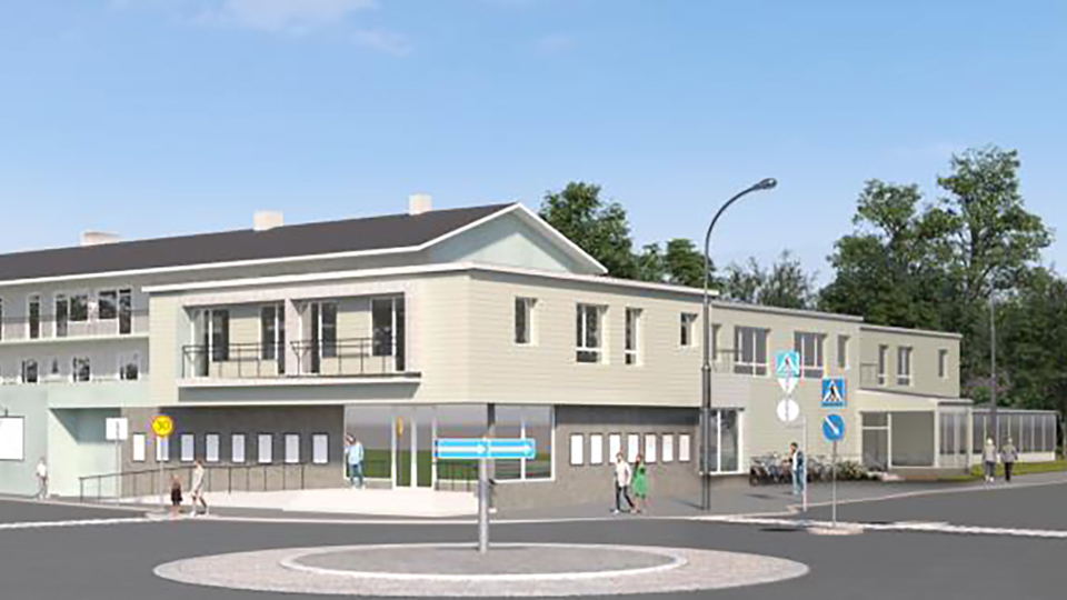 Hus sett från nordväst. Hörnbyggnad med 2-3 våningar och butikslokal i bottenplan, illustration.