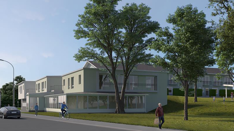 us sett från Svartlösavägen i sydväst. Byggnad med två våningar och restauranglokal i bottenplan, illustration.