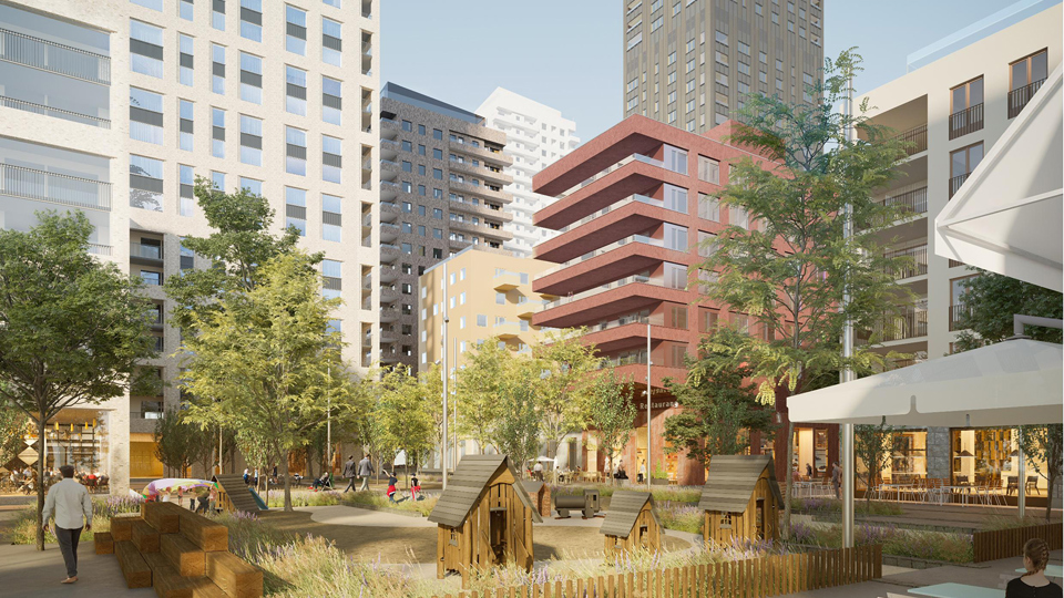 Lekplats i bostadsområde, illustration.
