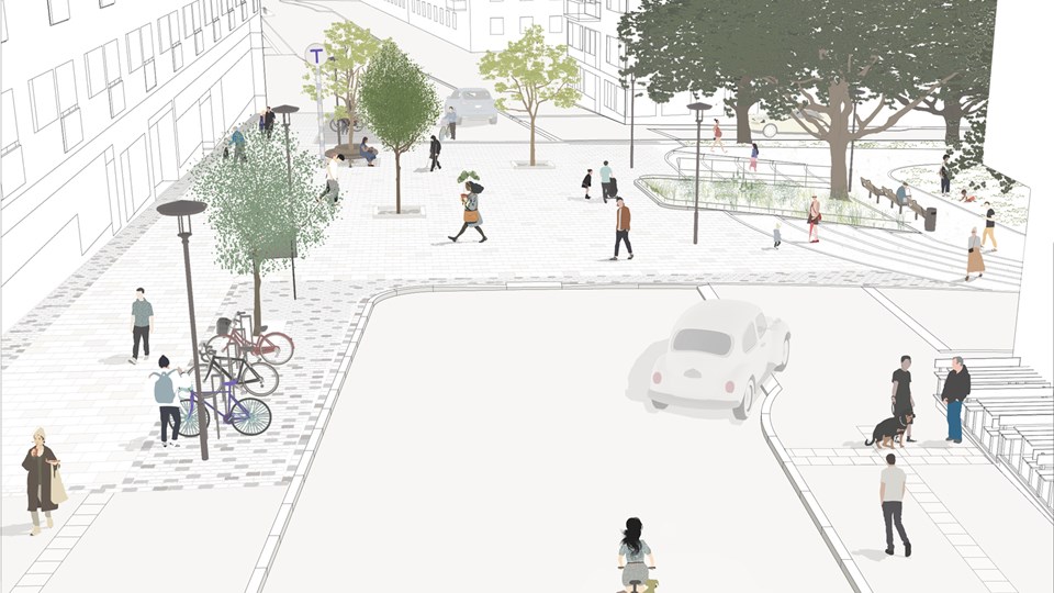 Väg med en bil och cyklist. Vägen kantas av hus, gångbanor och ett torgområde med träd. Människor i rörelse, illustration.
