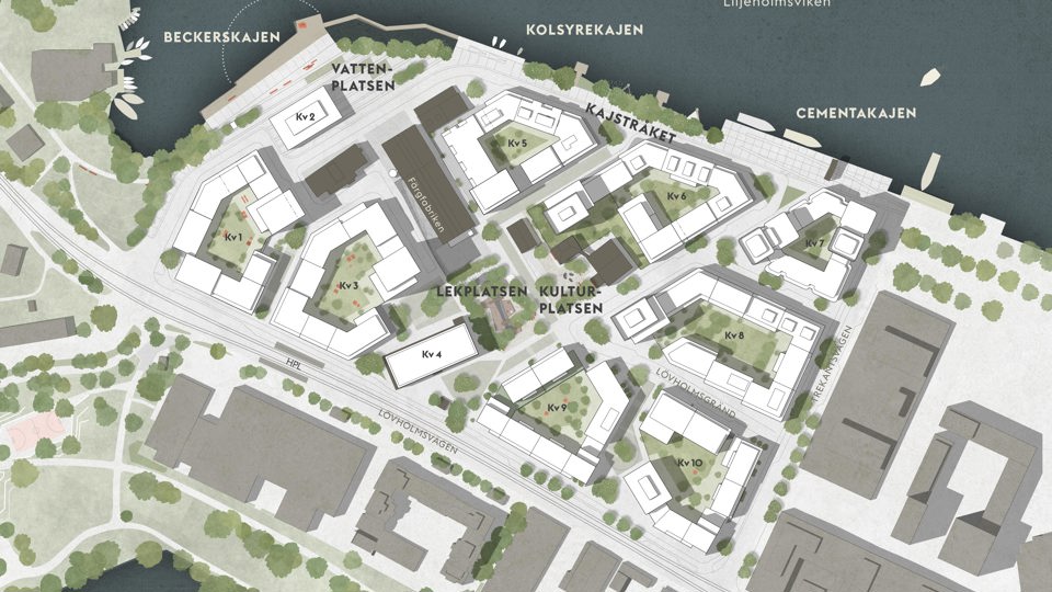 Området uppifrån med de planerade byggnaderna  utritade. Illustration.