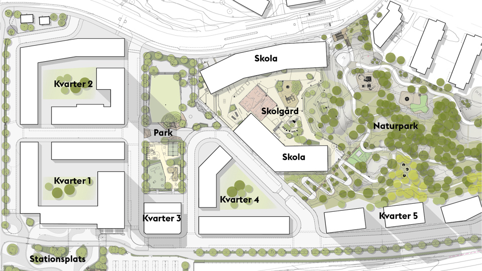 Bostadsområde, skolor och parker, illustration.