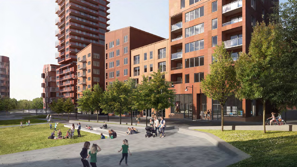 Levande bostadsområde, människor umgås, promenerar eller sitter ner på trappa, illustration.