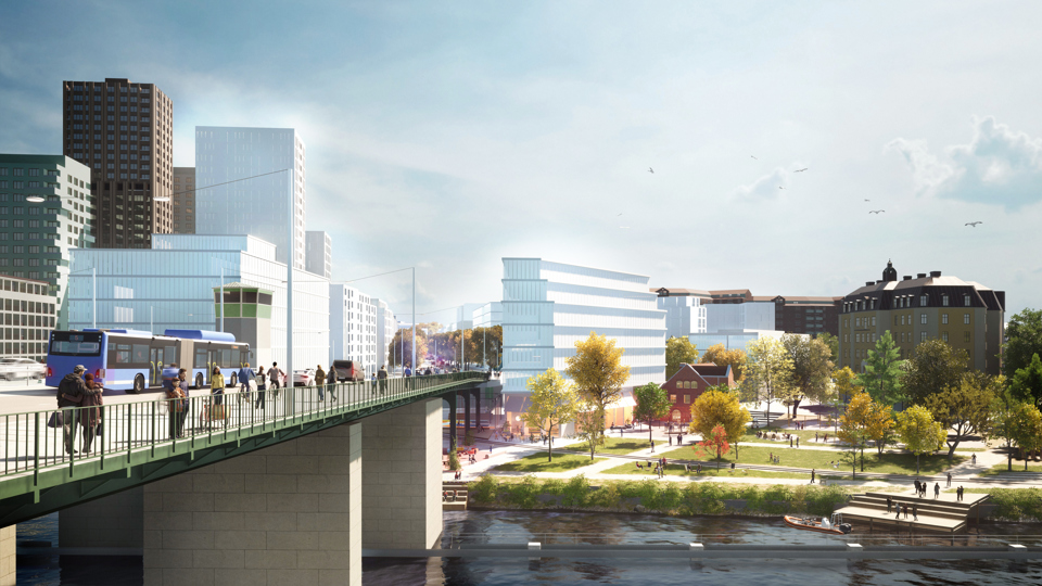 Visionsbild över Liljeholmsbroarna med föreslagen bebyggelse och park tillsammans med äldre byggnader. Illustration: &Rundquist, Mandaworks