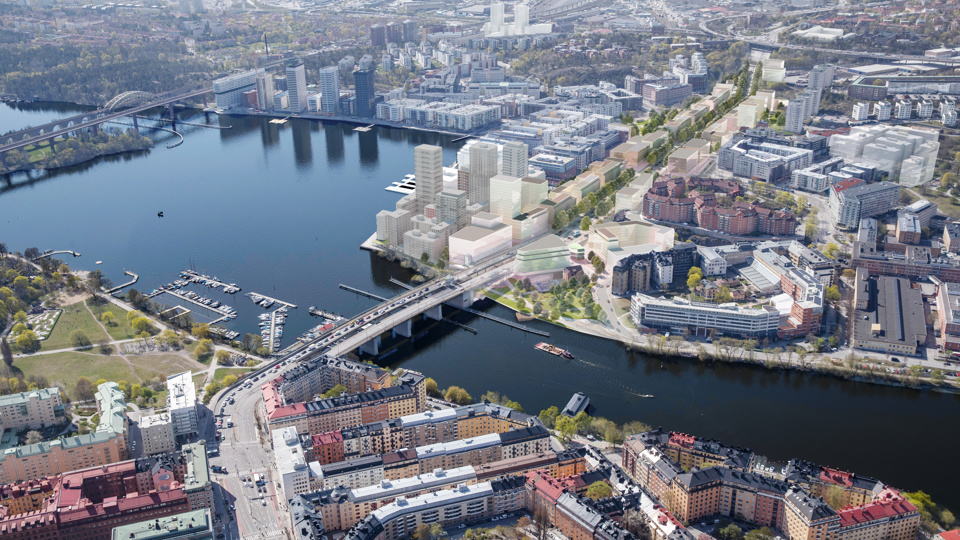 Visionsbild över programområdet sett från norr till söder. Illustration: &Rundquist, Mandaworks