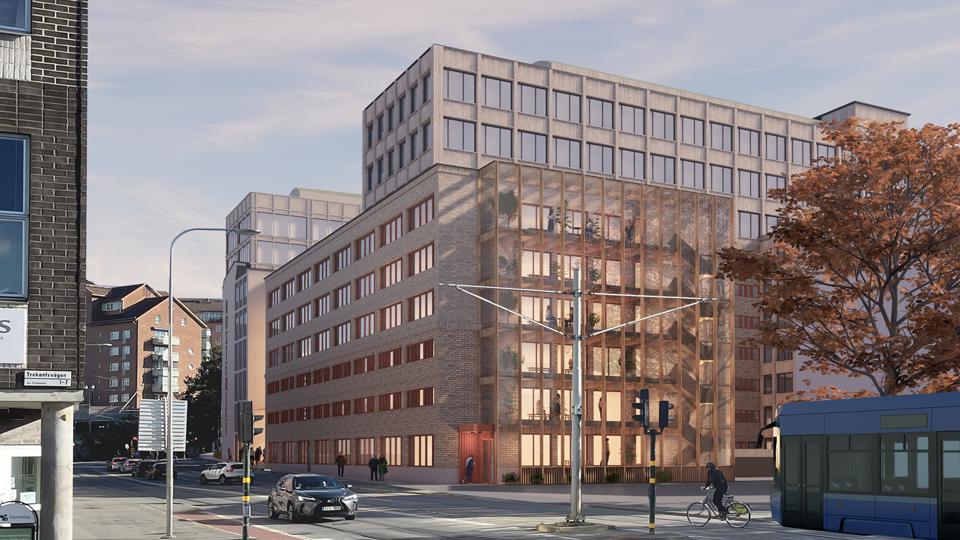 Illustration av Lövholmsvägen från nordväst med kontorshuset i centrum. 