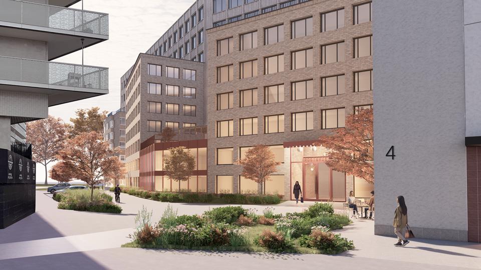 Illustration av Rosterigränd med nya planteringar och siktlinje mot Trekantsparken. 