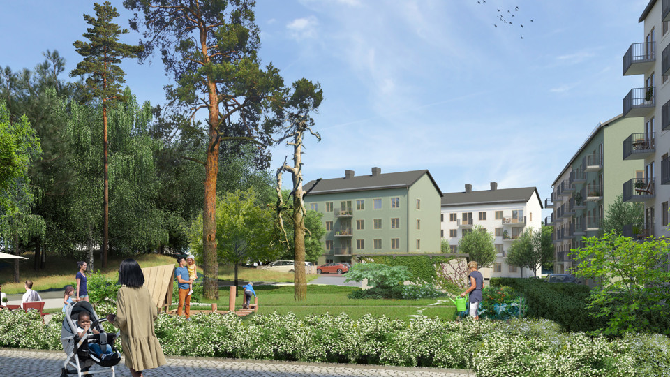 Flerbostadshus i vinkel med ljusgröna och vita fasader. Grönskande gårdsområde med träd och planteringar framför husen. Människor i rörelse. Illustration
