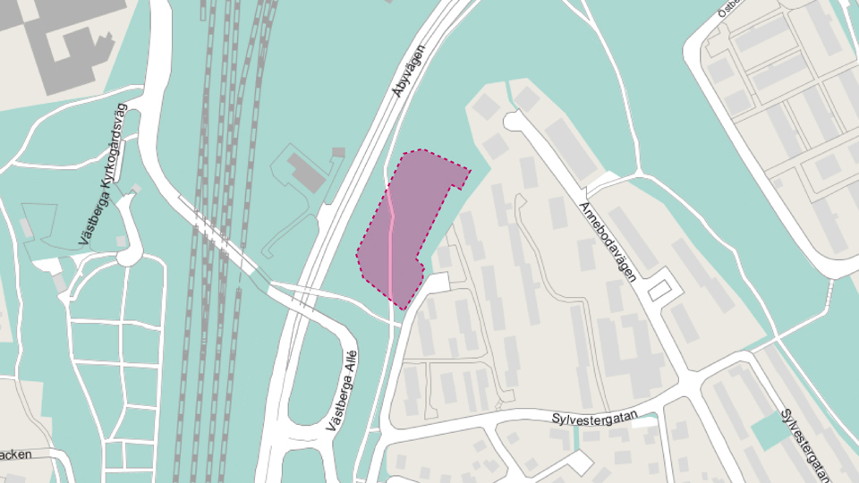 Kartbild med planområdet markerat i rött. Runt planområdet syns Åbyvägen, Västberga Allé och bostadskvarter i Liseberg.