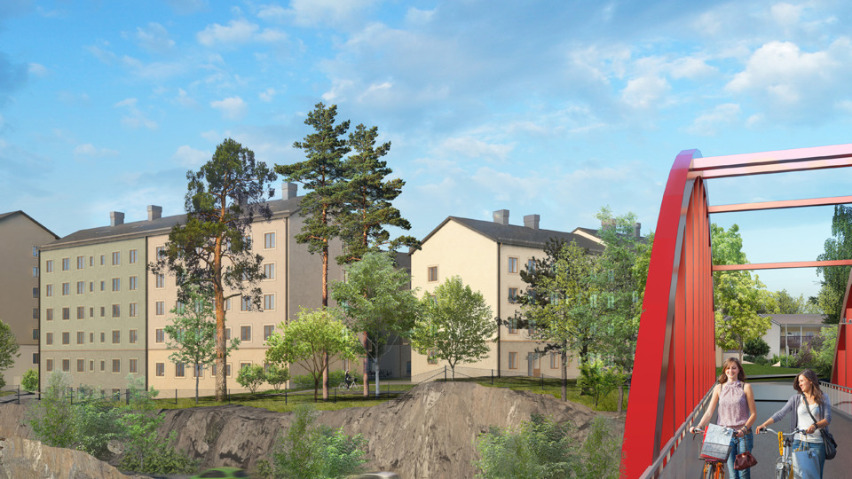 Flerbostadshus i ljus kulör och 4-5 våningar sedda från en gpång- och cykelbro med röda balkar. Två personer med cyklar går över bron. Illustration