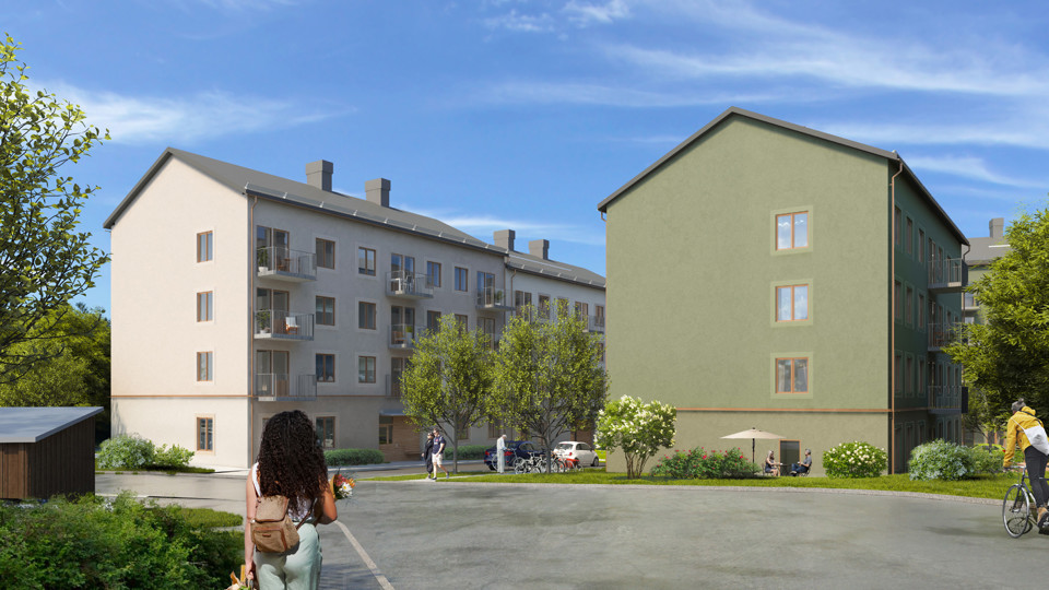 Två flerbostadshus sedda från en vändplan, med gavlarna mot vändplanen. Husen är i ljusbeige och ljusgrön kulör. Människor i rörelse. Träd och buskar. Illustration