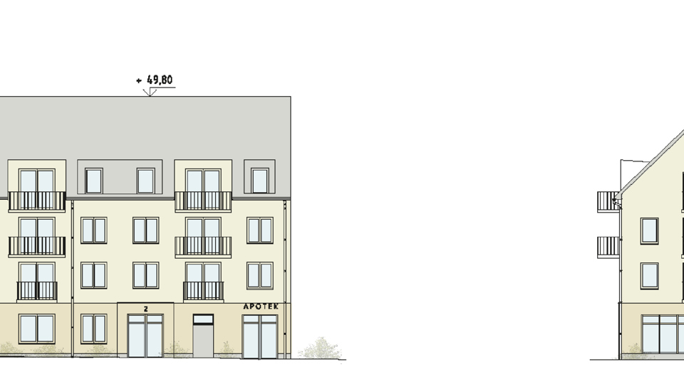 Illustration, elevation längs Annebodavägen.