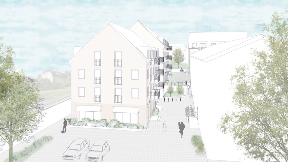 Visionsillustration av hur den nya och befintliga bebyggelsen kommer att se ut