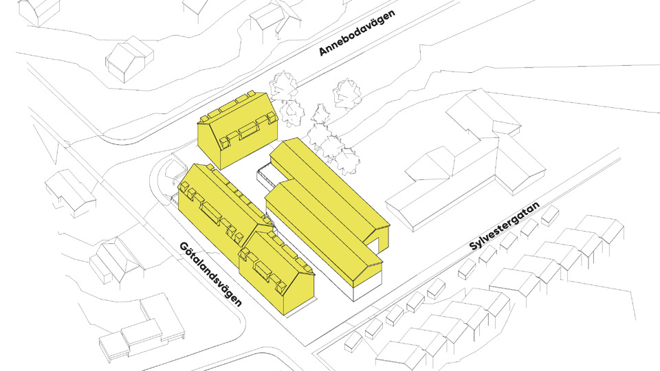 Illustration av förslaget snett ovanifrån. De nya byggnadsdelarna är markerade i en grön färg.