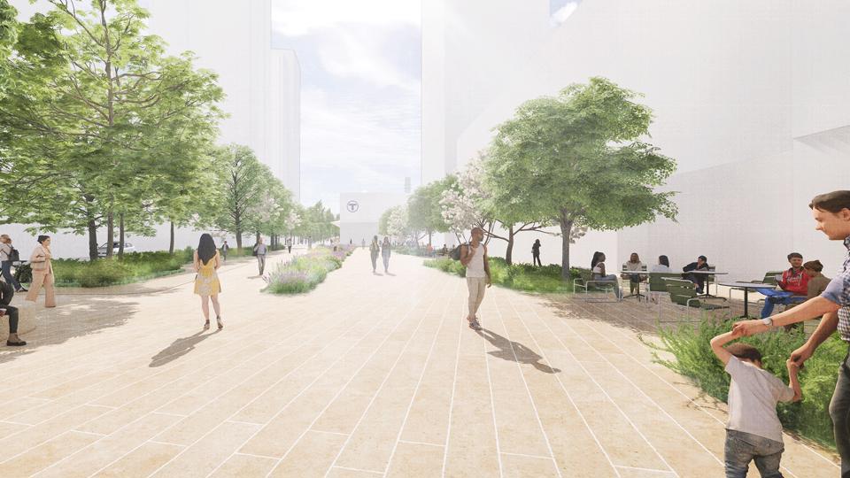 Gångytor mellan planeteringar och träd. Människor sitter på sittmöbler under träden. I mitten av bilden syns en T-skylt på stationsbyggnaden, illustration.