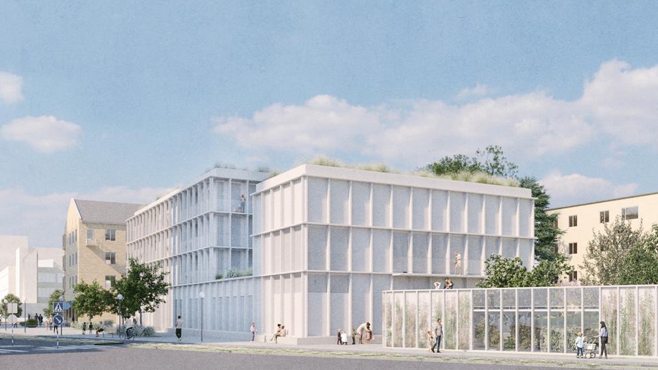 Förslaget visas i mitten av bilden. Till vänster syns förslag på bullerskärm längs förskolegård. De nya delarna har här tre och fyra våningar och gröna tak, fotomontage.